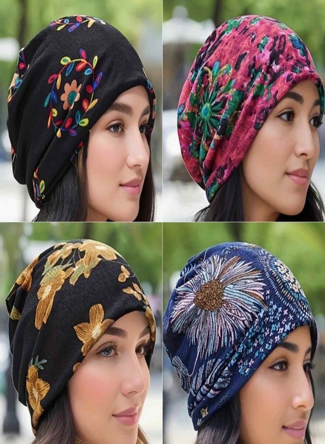 Winatehr 4PCS headwear beanie cap hat for women chemo, slouchy ponytail hat beanie, rave scarf neck facemask gaiter, winter hippie floral head wraps, fashion boho hair accessories cancer care gifts - Image 2